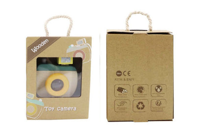 Wooden kaleidoscope camera toy in olive green for imaginative play and photography fun.