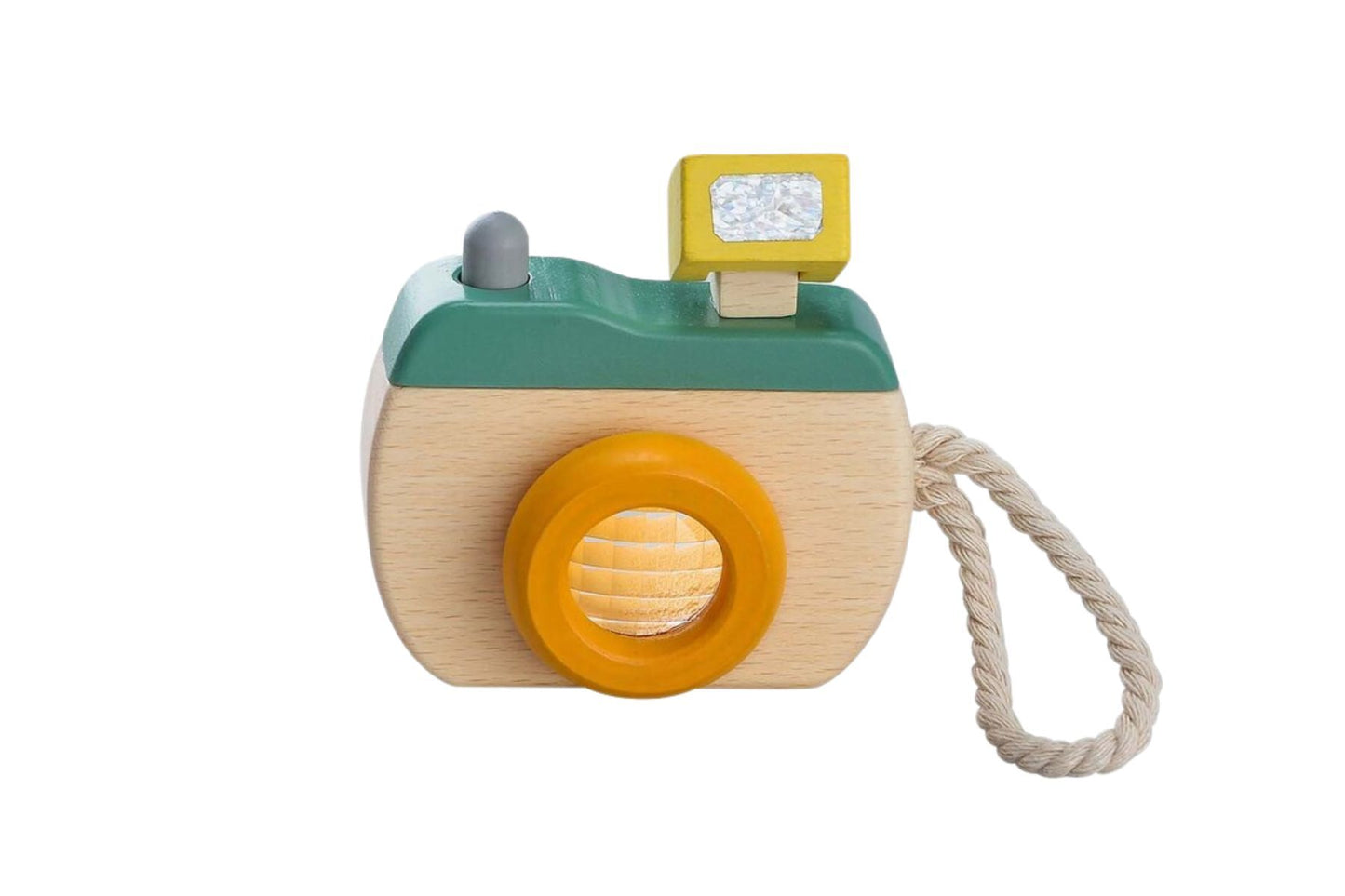 Kaper Kidz wooden kaleidoscope camera toy in olive green for imaginative play and learning.