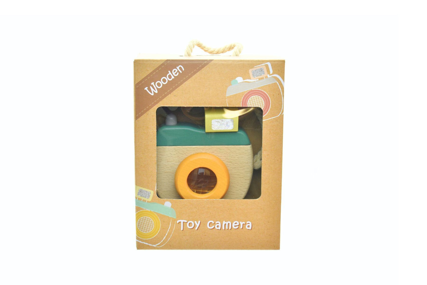 Wooden kaleidoscope camera toy in olive green, stimulating imaginative play for children at home.