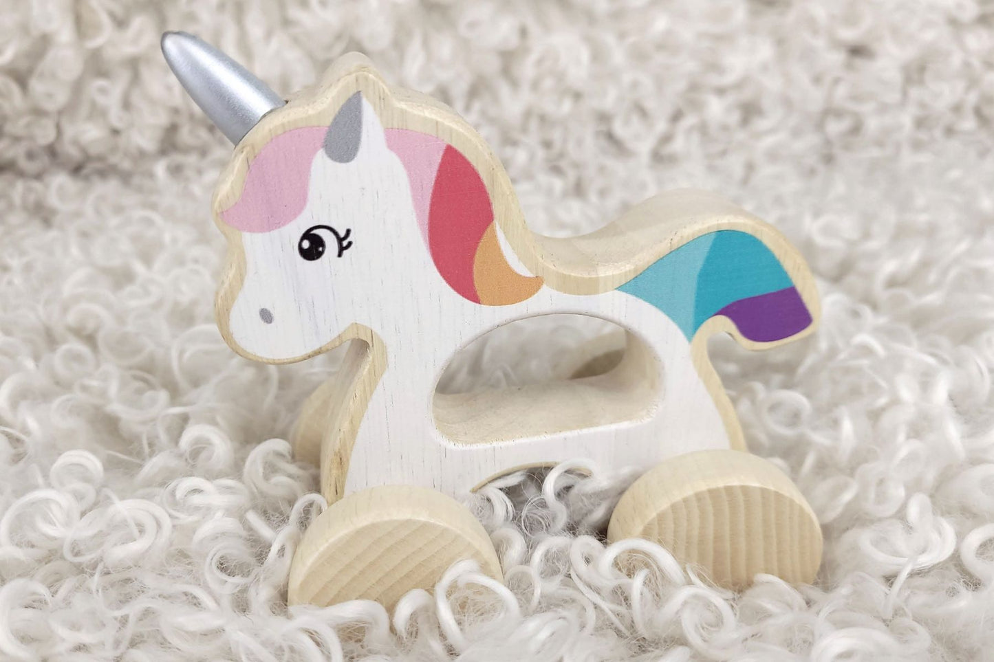 Wooden Unicorn Car | Rainbow Mane Gliding Toy for Toddlers