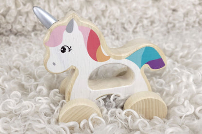 Wooden Unicorn Car | Rainbow Mane Gliding Toy for Toddlers