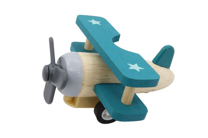 Green Wooden Pull Back Biplane | Retro Beech Wood Airplane Toy