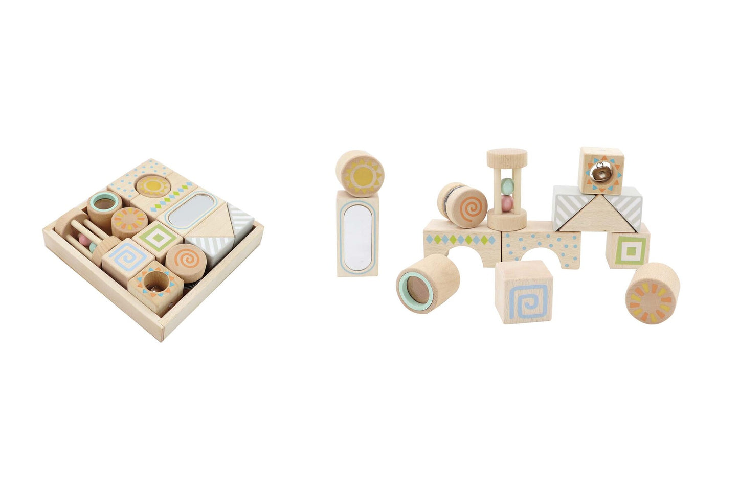 Colorful sensory wooden building blocks for creative play and development in kids playrooms.