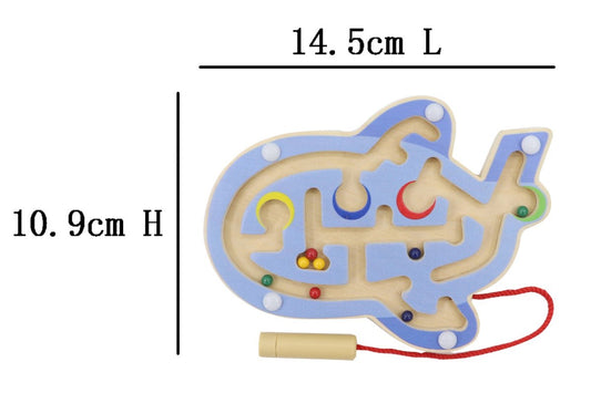 Colorful wooden airplane maze toy with magnetic wand for entertaining kids at home.