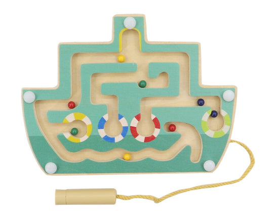 Colorful wooden boat maze puzzle for kids, encourages fine motor skills and problem-solving.