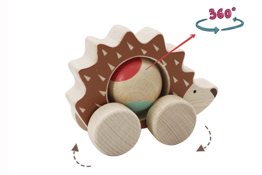 Hedgehog push toy made of eco-friendly wood for interactive play and motor skill development.