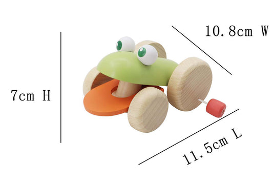 Eco-friendly wooden frog push toy for childrens playful learning and development at home.