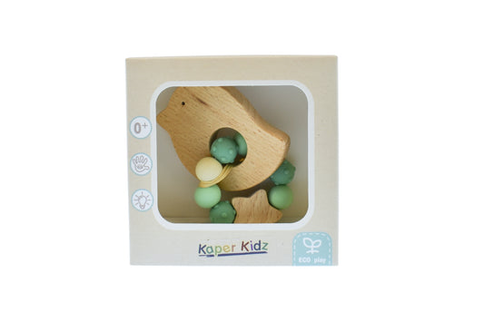 Kaper Kidz Wooden Bird Teether with Silicone Beads, soothing and safe teething aid for babies