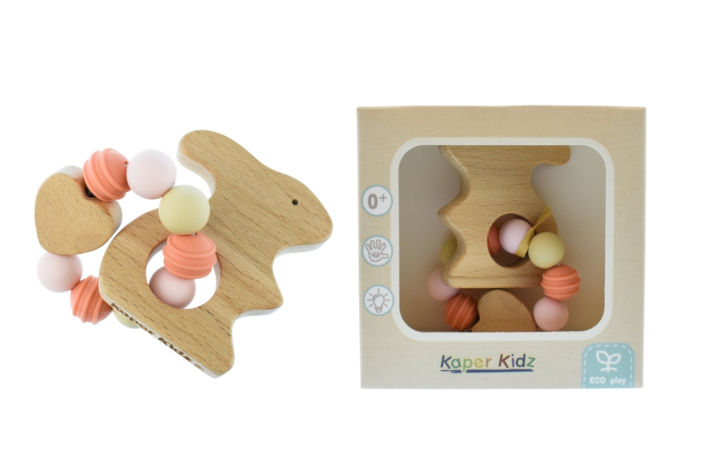 Kaper Kidz Eco Friendly Bunny Teether - Wooden with Silicone Beads, safe for teething.