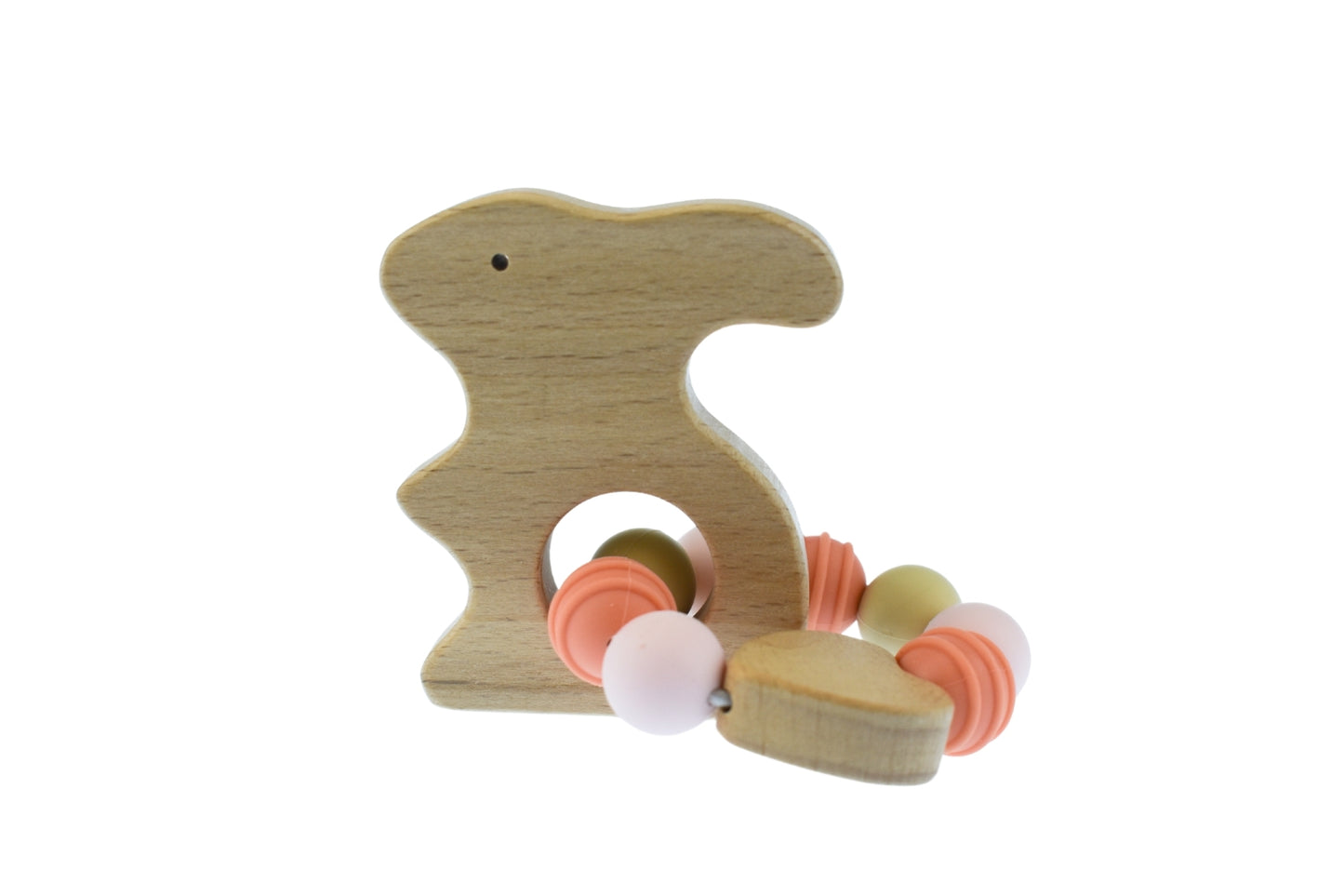 Wooden bunny teether with silicone beads, eco-friendly and safe for teething babies.