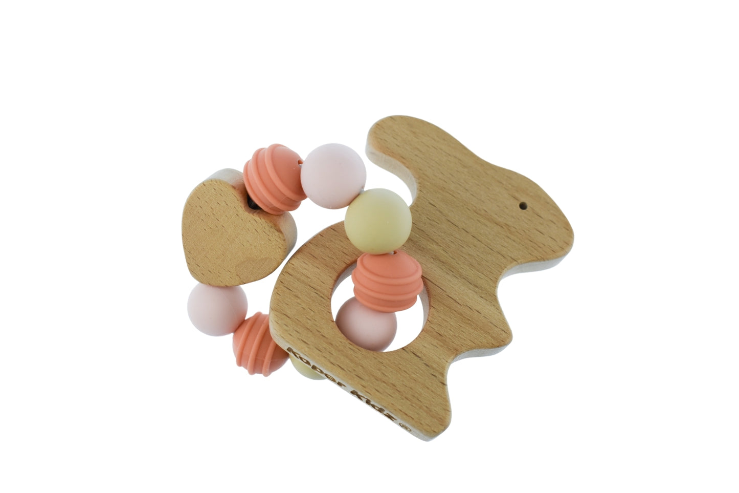 Kaper Kidz wooden bunny teether with silicone beads, eco-friendly and safe for babies.