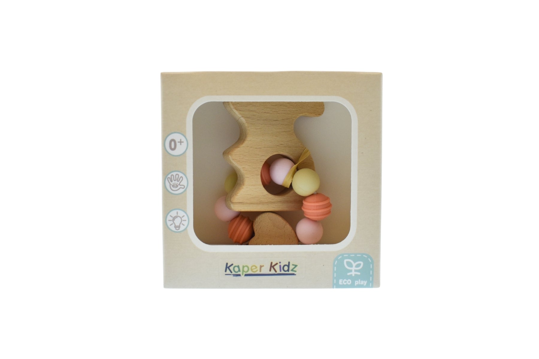 Kaper Kidz wooden bunny teether - eco-friendly design with soft silicone beads for soothing.