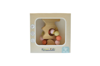 Kaper Kidz wooden bunny teether - eco-friendly design with soft silicone beads for soothing.