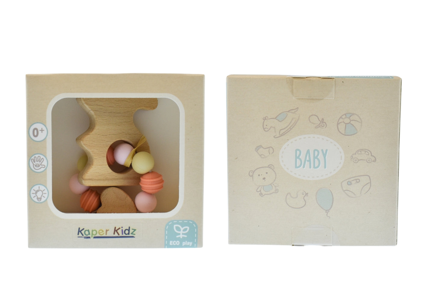 Kaper Kidz eco-friendly wooden bunny teether with silicone beads for soothing baby gums