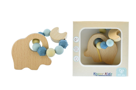 Organic elephant teether made with ecobeads for safe, soothing relief in babies care.