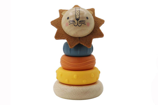 Ecostack Wooden Lion Stacking Rings Toy for toddlers, promoting motor skills and creative play.