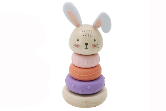 Colorful wooden bunny stacking rings toy for toddlers, promotes hand-eye coordination and learning.