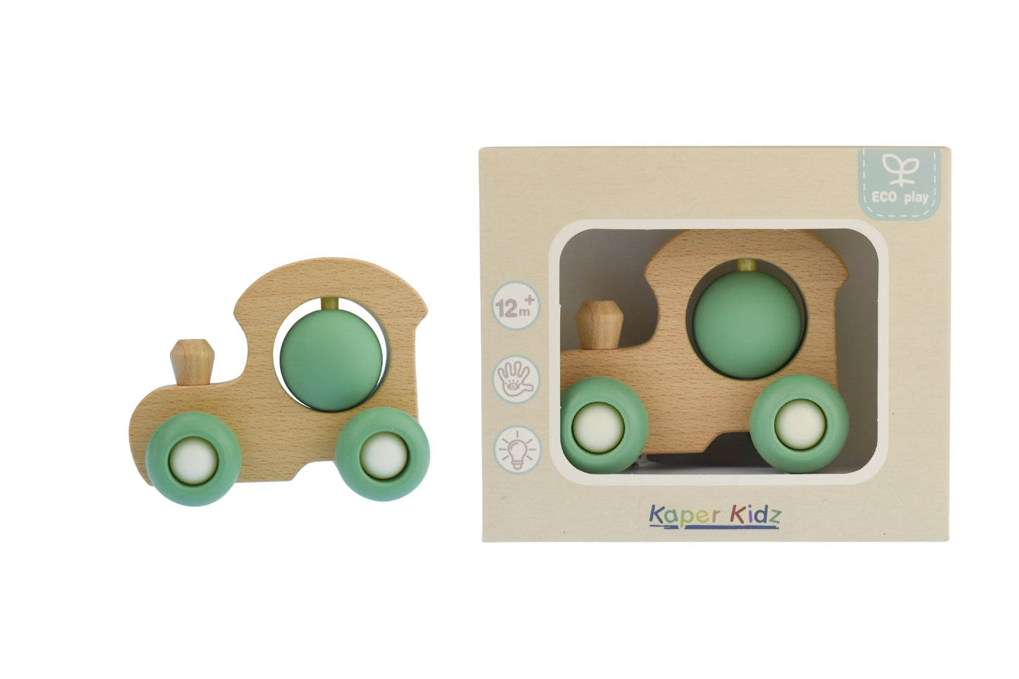 Colorful EcoSpin wooden train set for imaginative play, perfect for kids eco friendly fun.