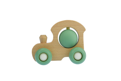 Colorful wooden train set with spinning feature, eco friendly and ideal for kids playtime.