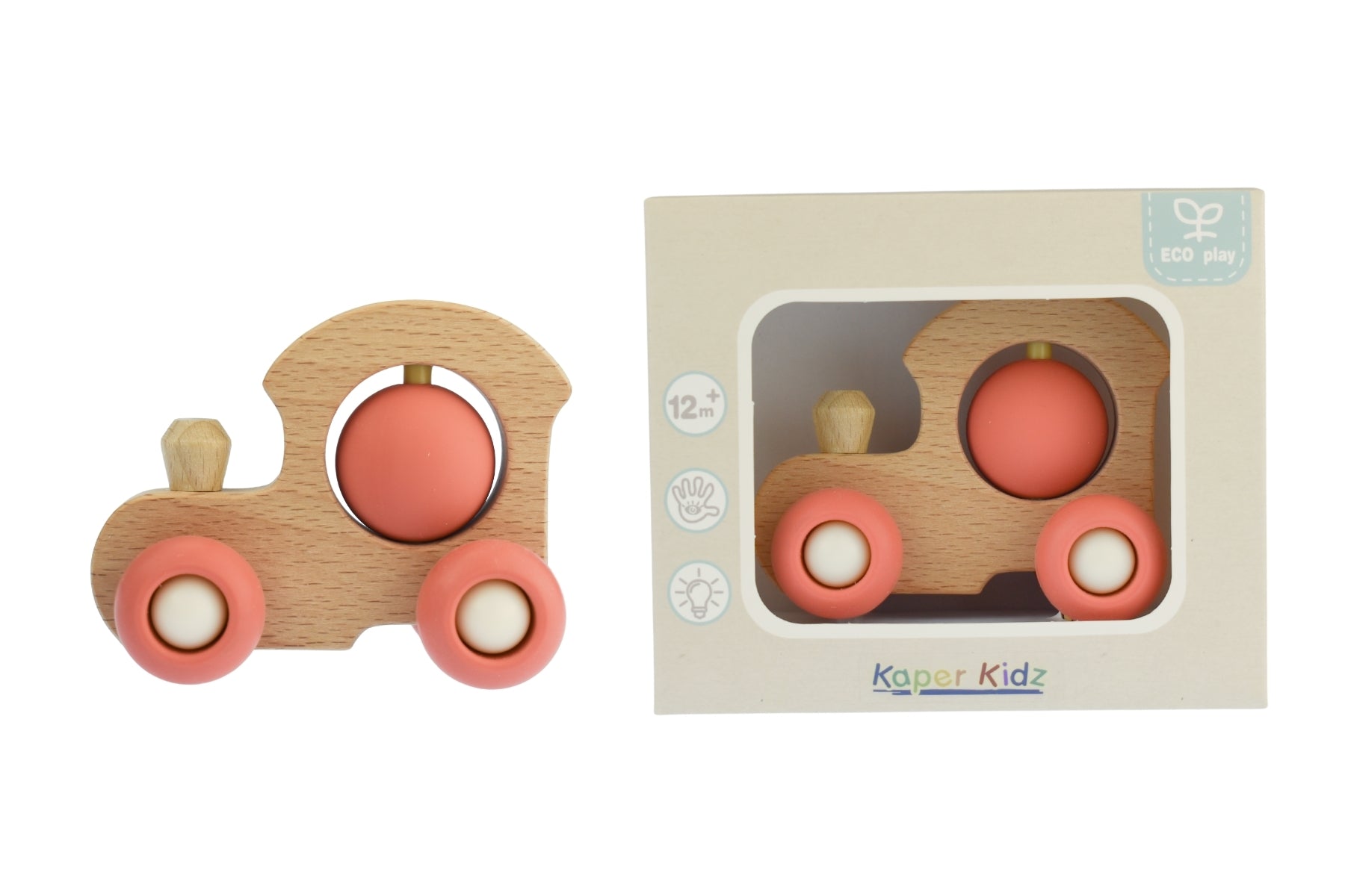 Sustainable wooden train set in vibrant red, ideal eco friendly toy for childrens playtime.