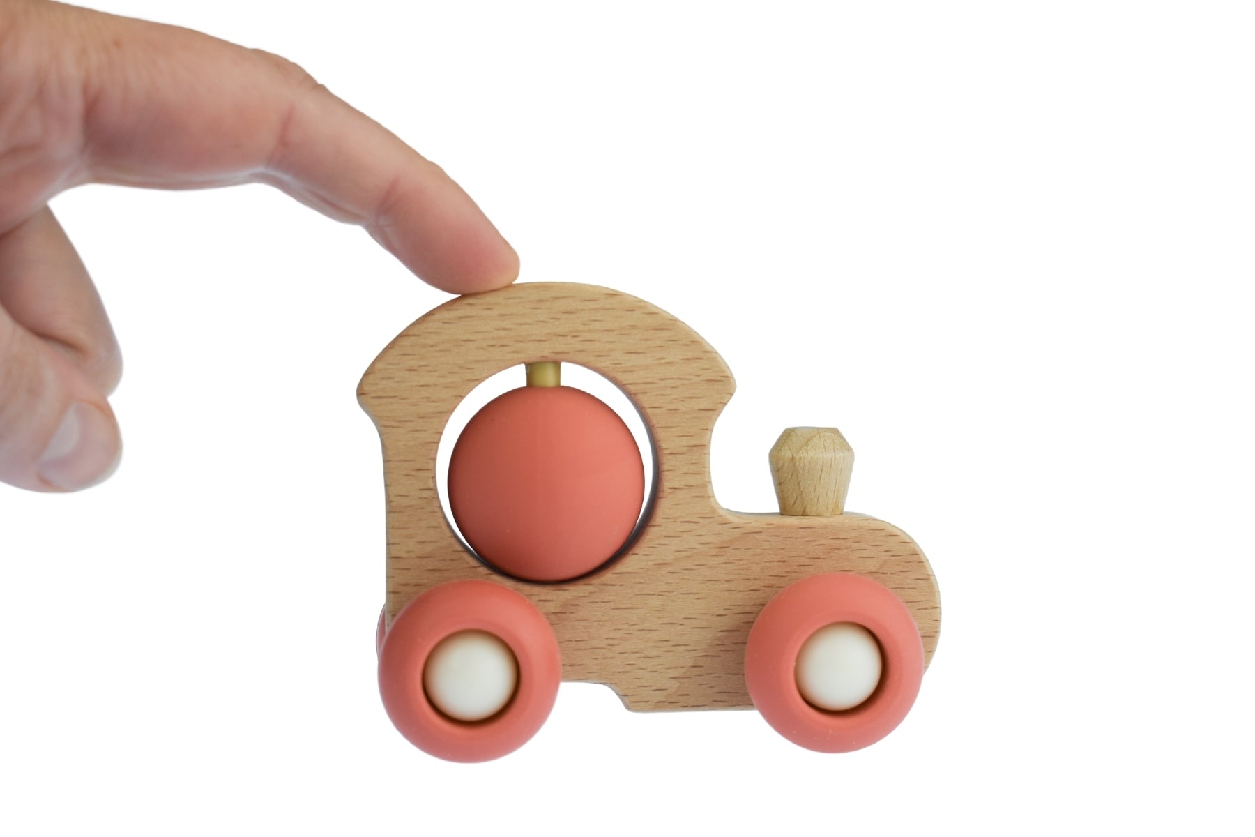 Eco friendly red train set made of sustainable wood, ideal for kids playtime at home.