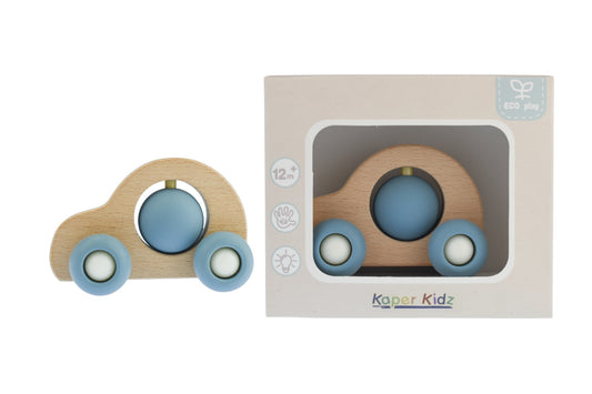Kaper Kidz Blue EcoSpin Car | Beech Wood Silicone Toy 12M+