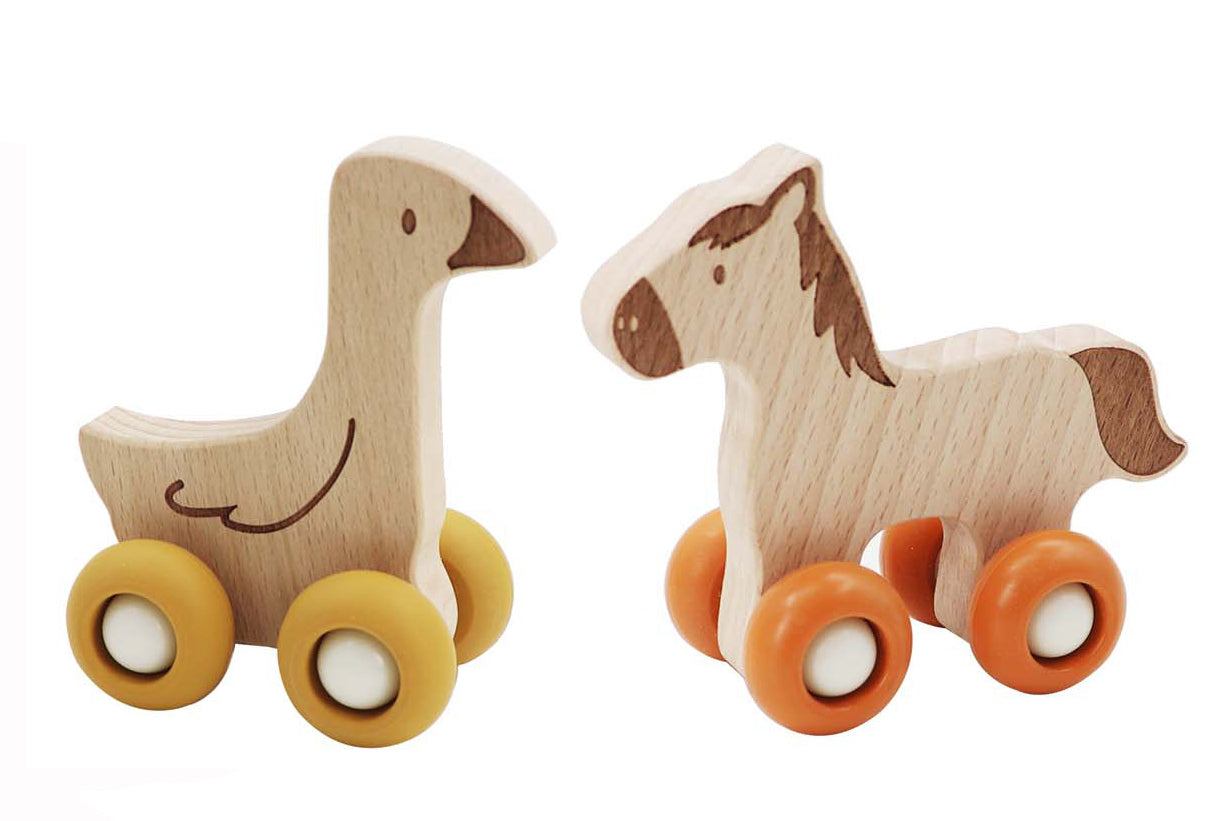 Eco-friendly farm animal toy set featuring a horse and duck, great for imaginative play.