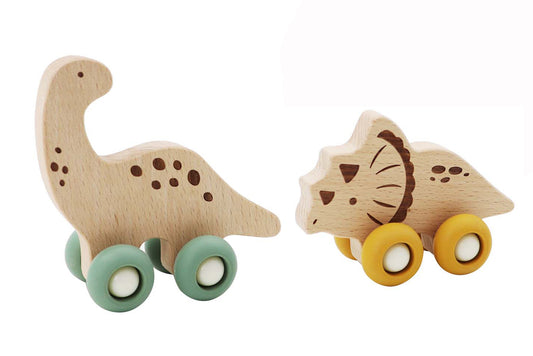 Ecowheels Triceratops & Diplodocus pull toys, eco-friendly, fun, and educational for kids playtime.