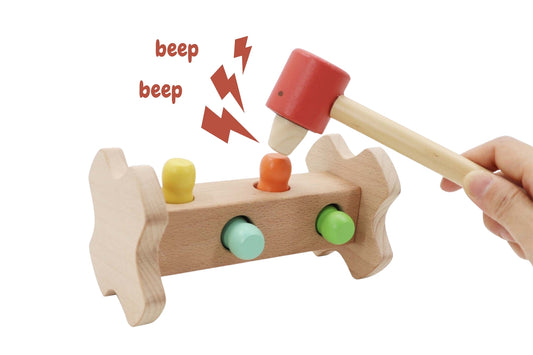 Colorful Ecopecker wooden hammer bench toy engages toddlers in fun, educational play at home.