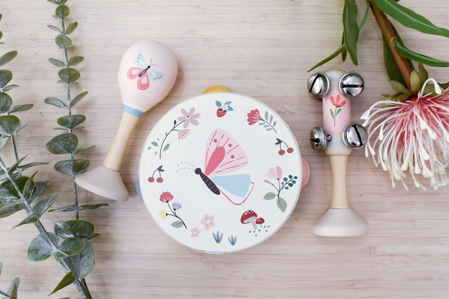 Wooden Spring Insect Butterfly Music Set | Pink 3-Piece Instruments