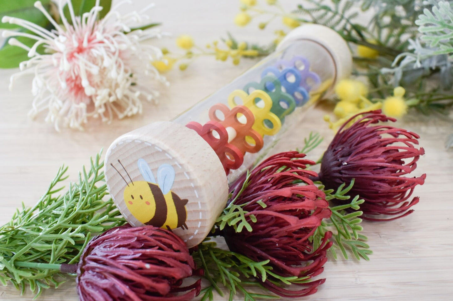 Wooden Bee Rainmaker Rattle | Yellow Spring Design | Kaper Kidz