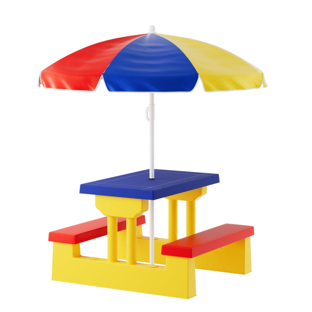 Keezi Kids Outdoor Picnic Table Set | Colorful, umbrella-shaded play space for ages 3-6.