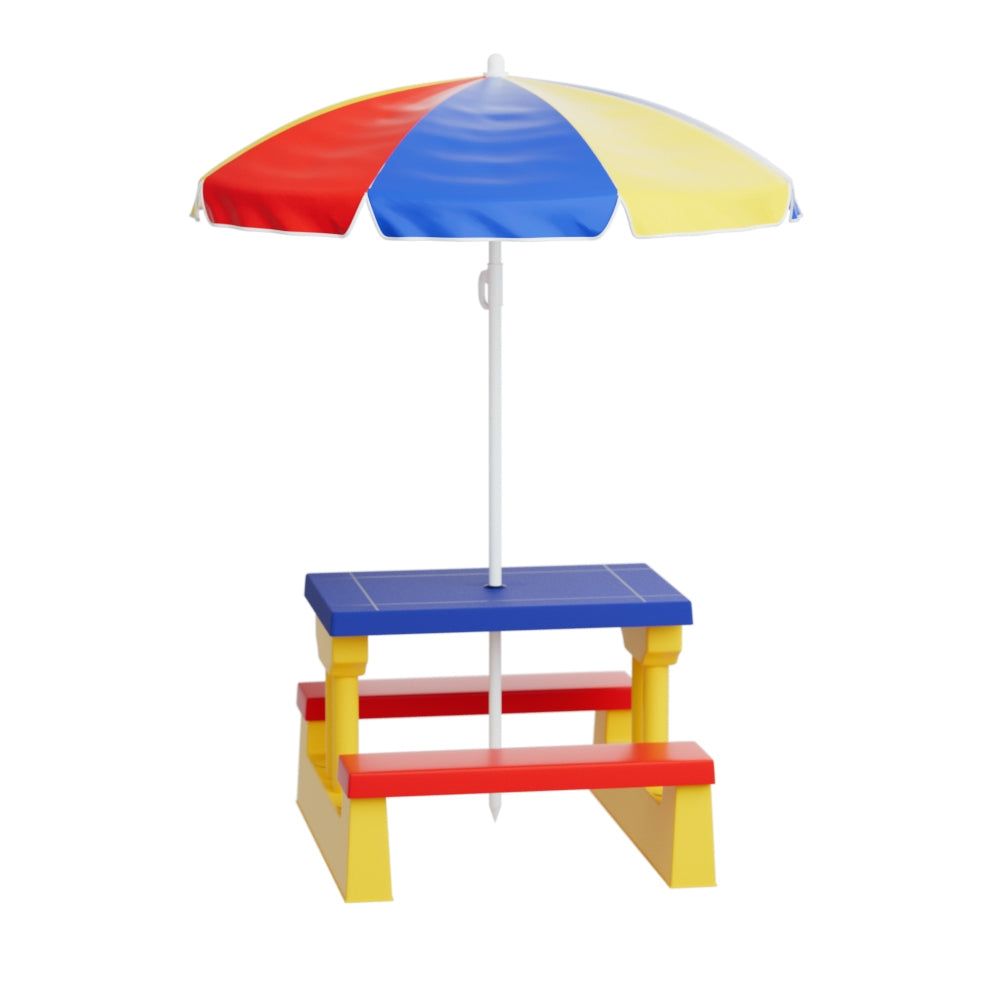 Keezi Kids Outdoor Picnic Table Set with Umbrella, ideal for ages 3-6, fun outdoor dining.