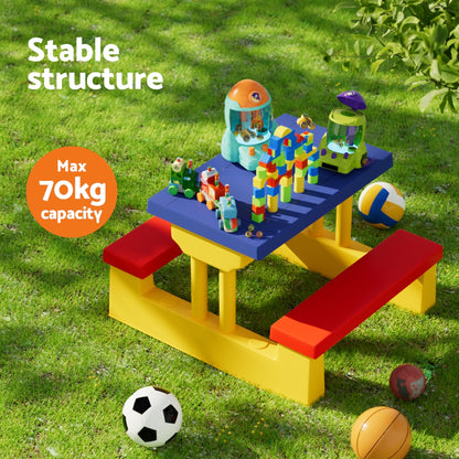 Keezi Kids Outdoor Picnic Table Set with Umbrella, ideal for ages 3-6, perfect for backyard fun.