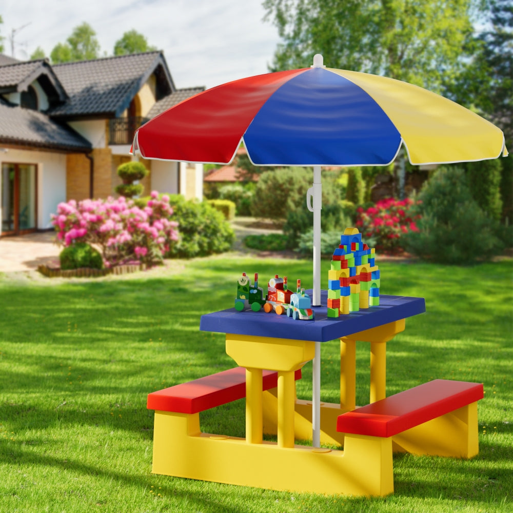 Keezi Kids Outdoor Picnic Table Set with Umbrella, ideal for ages 3-6 playtime and meals.