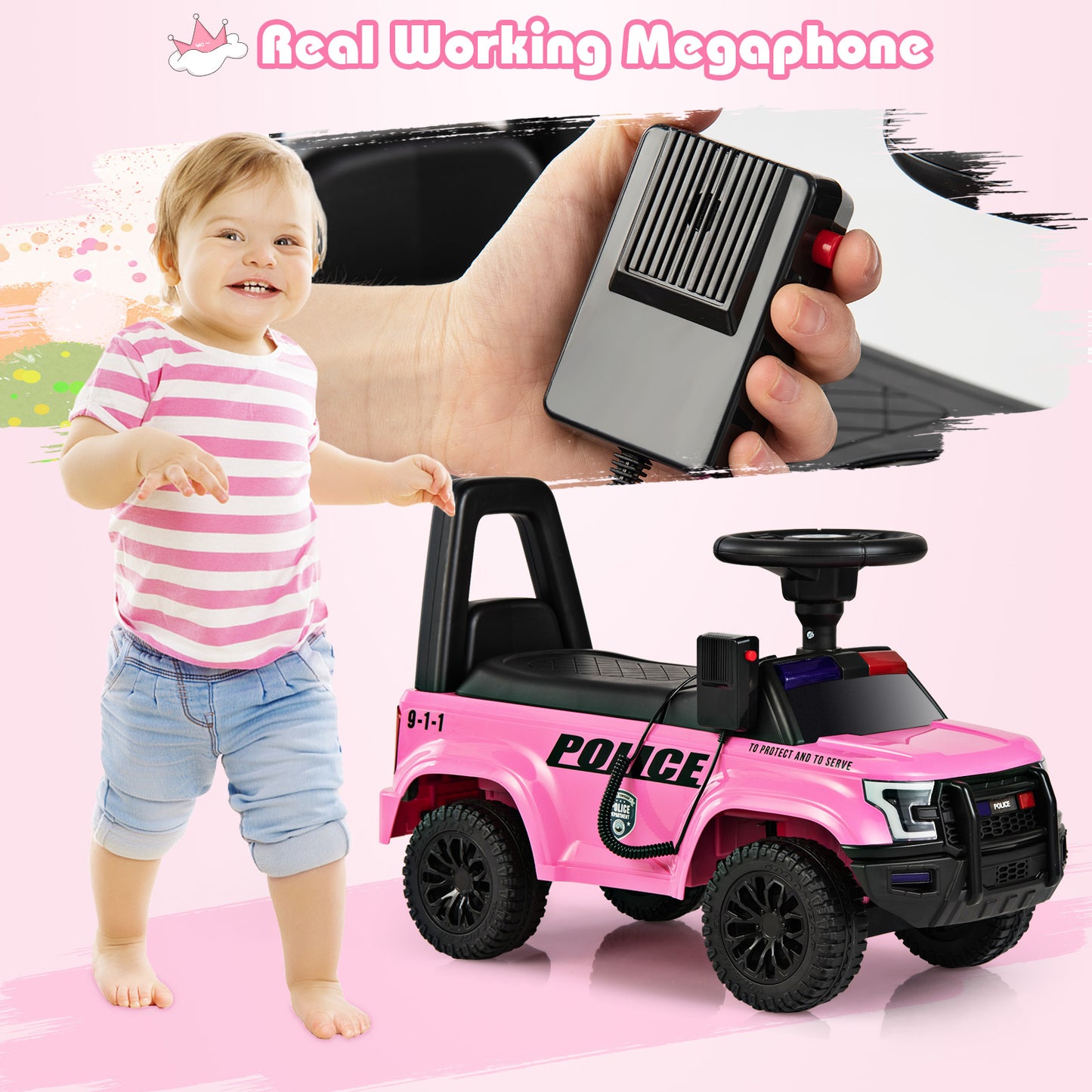 Pink Kids Ride On Police Car | Megaphone & Flashing Lights