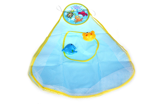 Colorful Kaper Kidz bath toy storage bag, convenient hanging organizer for kids bath toys.