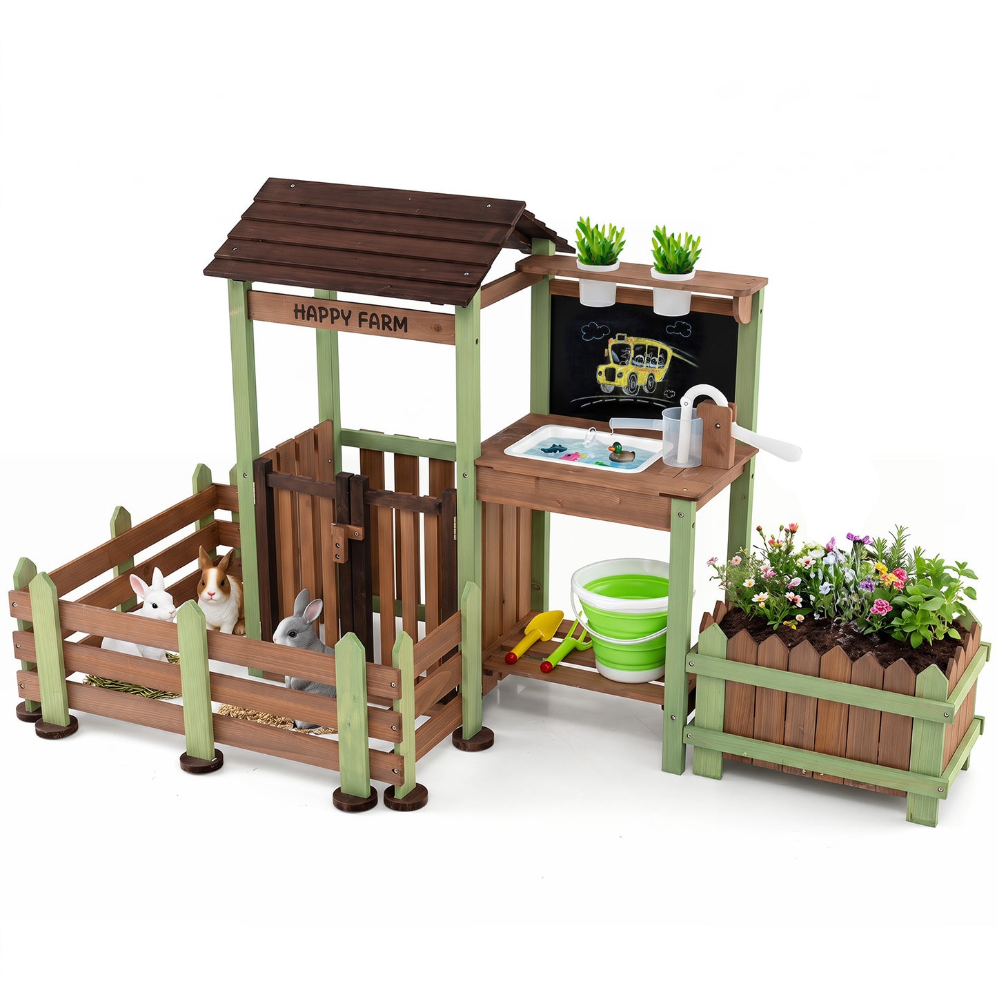 Kids Mud Farm Playset | Brown Green Wood with Planter & Gate