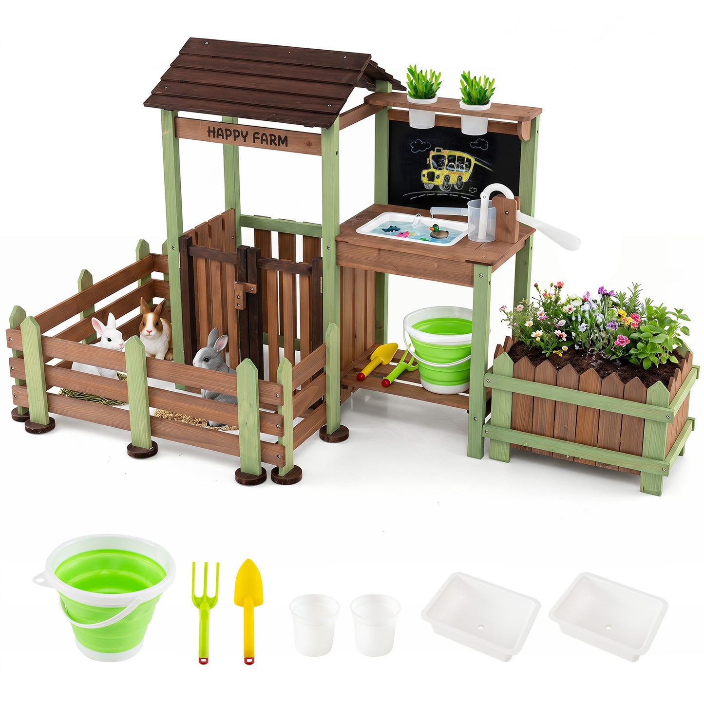 Kids Mud Farm Playset | Brown Green Wood with Planter & Gate
