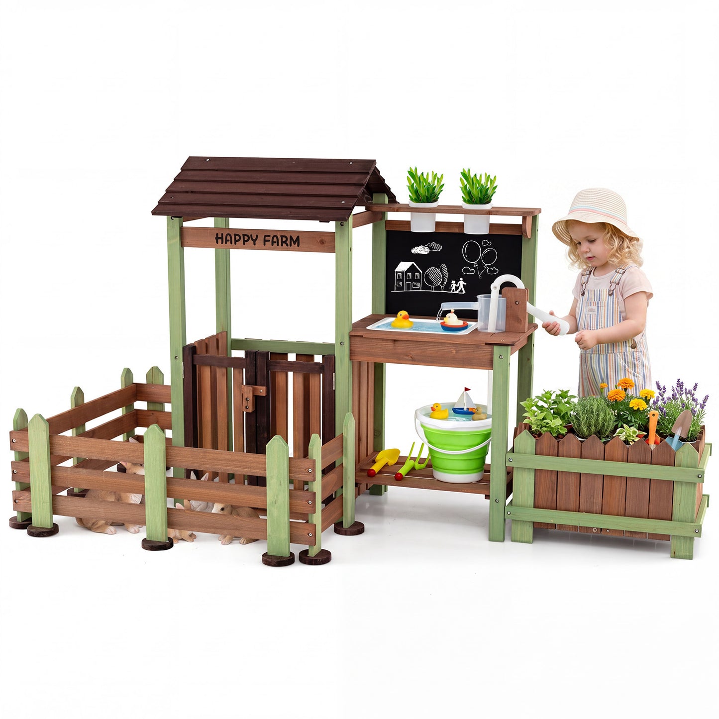 Kids Mud Farm Playset | Brown Green Wood with Planter & Gate