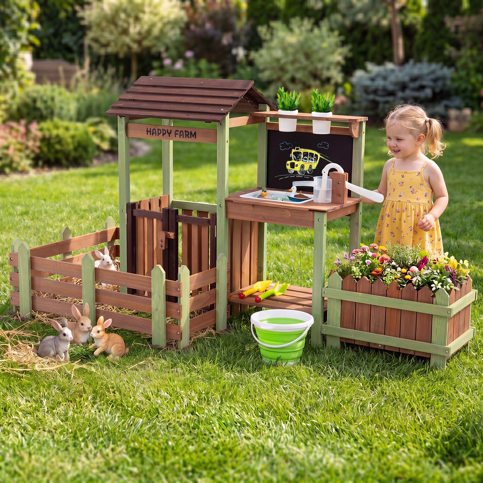Costway Outdoor Mud Farm Playset with Raised Planter and Lockable Gate for Kids 3+