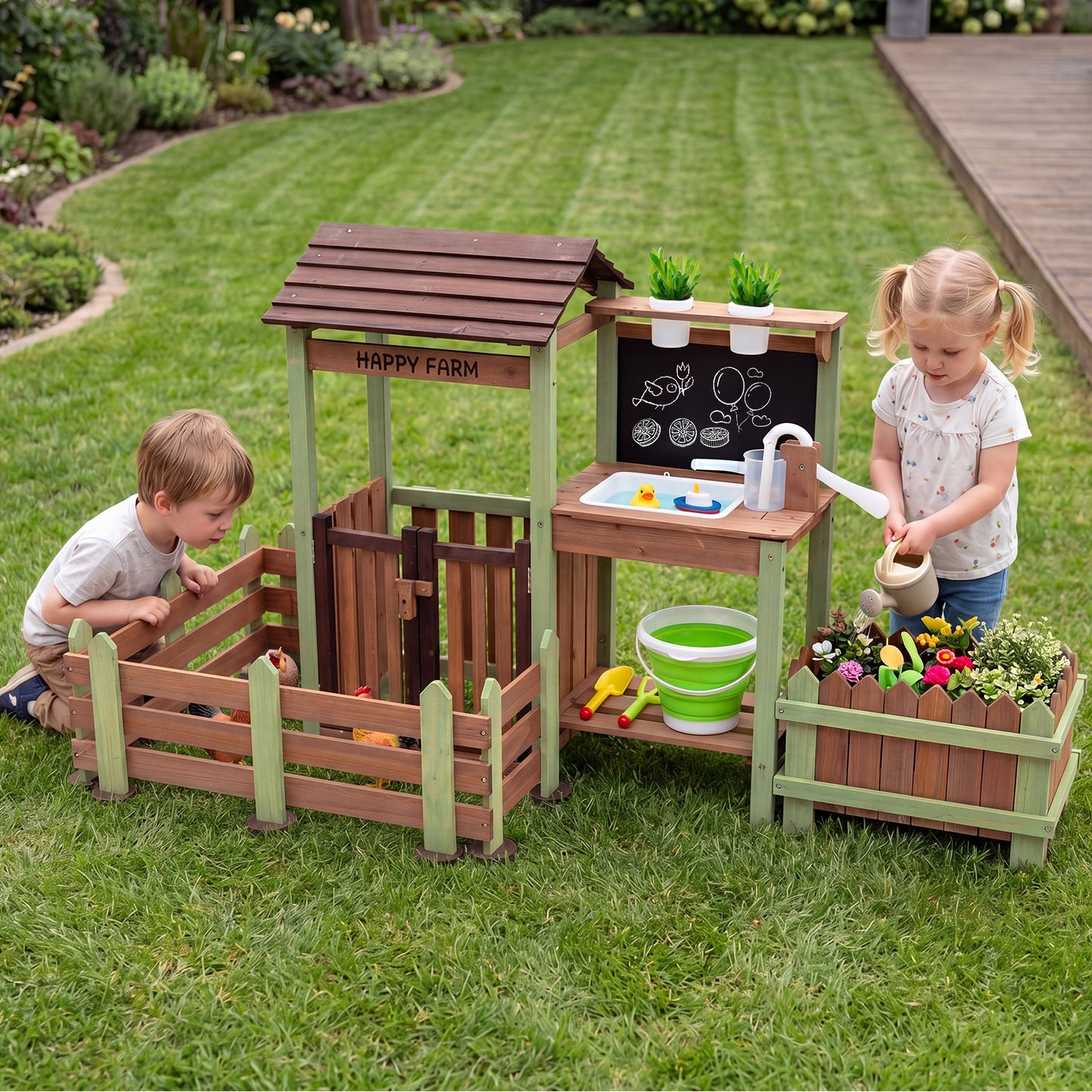 Kids Mud Farm Playset | Brown Green Wood with Planter & Gate