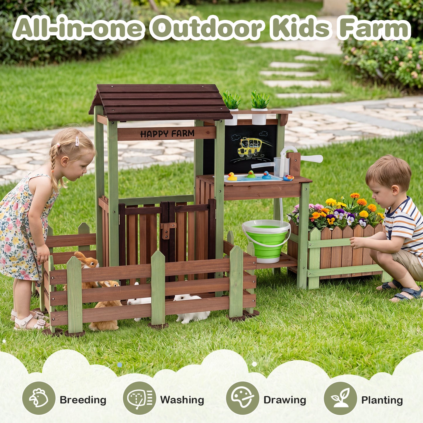 Kids Mud Farm Playset | Brown Green Wood with Planter & Gate