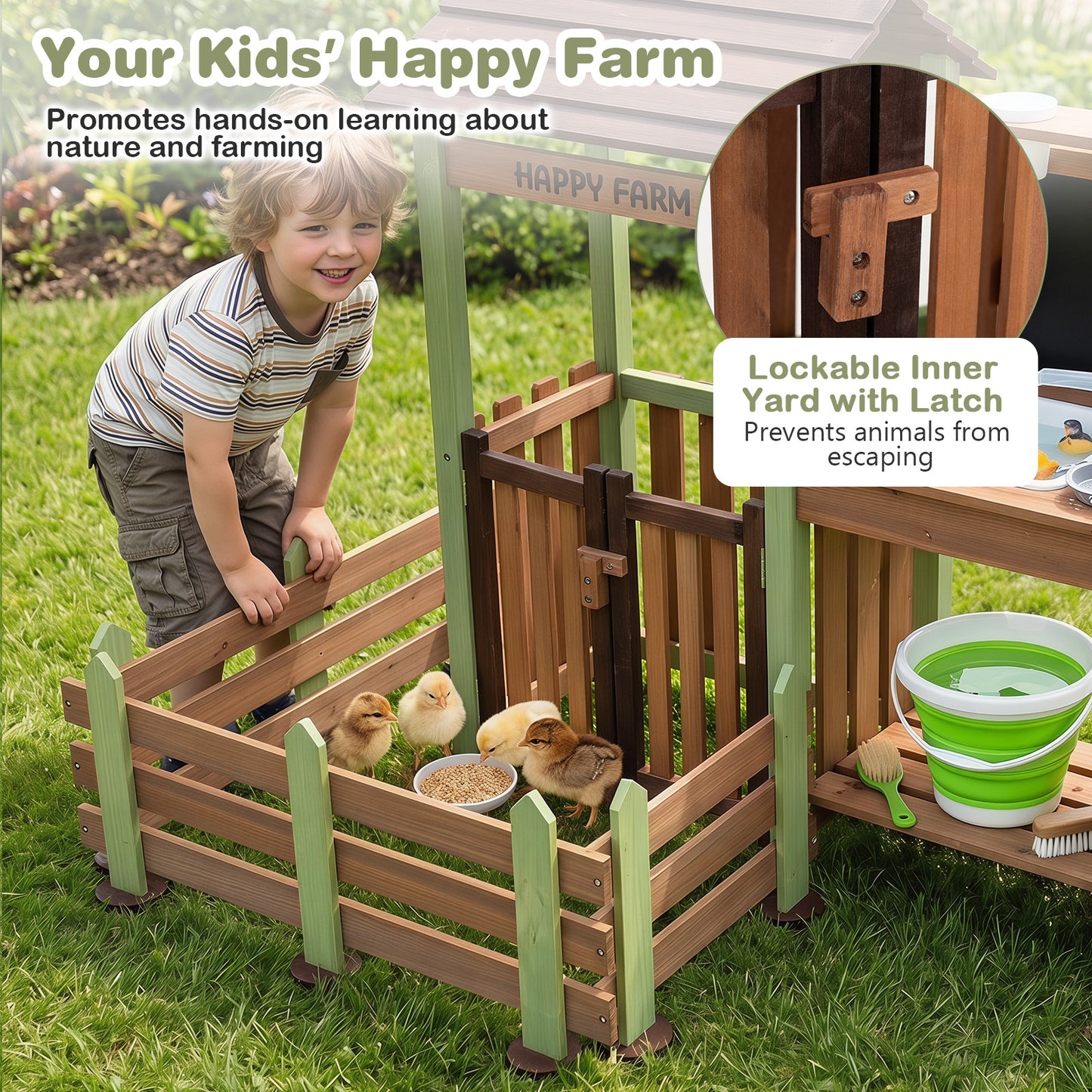 Kids Mud Farm Playset | Brown Green Wood with Planter & Gate