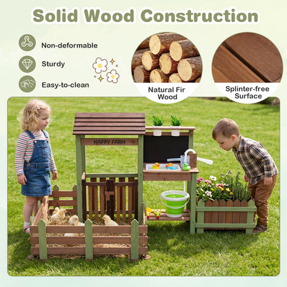 Kids Mud Farm Playset | Brown Green Wood with Planter & Gate