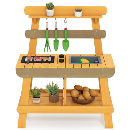 Yellow Kids Outdoor Mud Kitchen | BBQ Rack Sink Garden Tools
