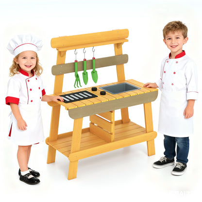 Yellow Kids Outdoor Mud Kitchen | BBQ Rack Sink Garden Tools