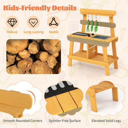 Yellow Kids Outdoor Mud Kitchen | BBQ Rack Sink Garden Tools