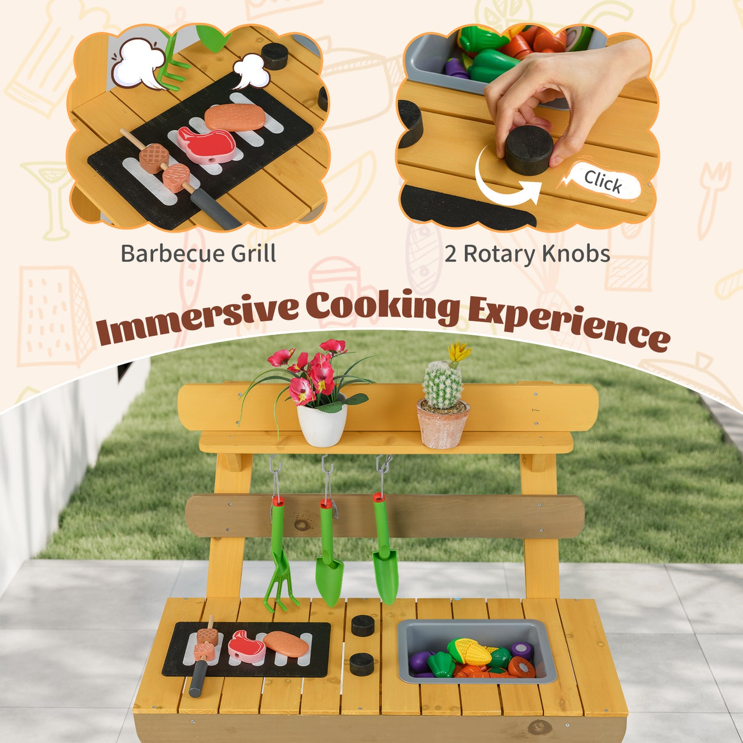 Yellow Kids Outdoor Mud Kitchen | BBQ Rack Sink Garden Tools