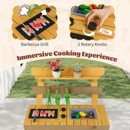 Yellow Kids Outdoor Mud Kitchen | BBQ Rack Sink Garden Tools